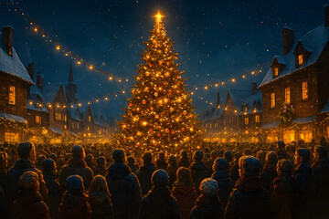 Festive Christmas tree lighting ceremony in snowy town square with crowd and holiday decorations