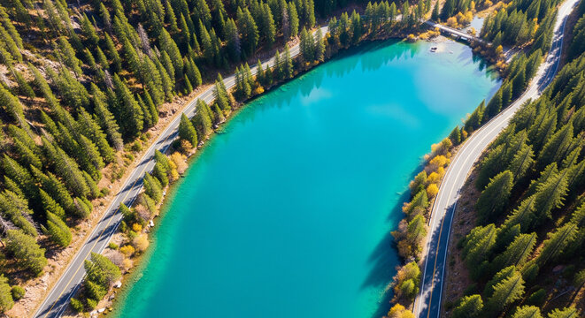 Aerial drone shot of curved mountain road beside turquoise lake and green forest