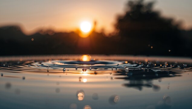 Ripples at Sunset, Aquatic Harmony, Serene Surface, Reflective Droplets.
