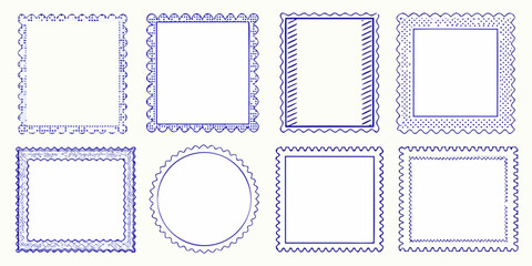 Collection of eight decorative blue outlined frames and borders in various shapes and styles