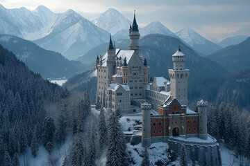 Fairy Tale Castle Surrounded by Snowy Alps Under Winter Sky and Forest