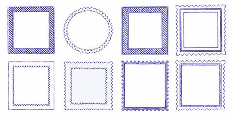 Collection of hand drawn blue postage stamp frames and borders with various decorative edges and patterns