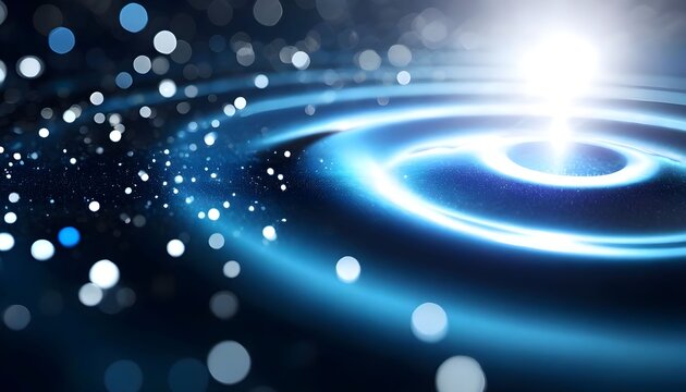 Abstract background with glowing blue energy waves and sparkling light particles.