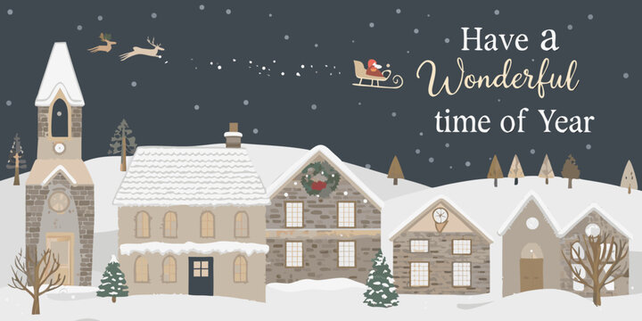 Whimsical snow covered village scene with santa claus flying in his sleigh over rooftops and festive text - Powered by Adobe