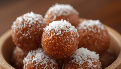 Round Confections, Textured Surfaces, and a Wooden Container for a Warm Presentation.