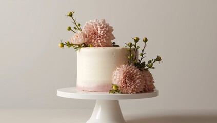 Round Delight. A Textured Cake with Floral Accents on a White Pedestal, Fine Details.