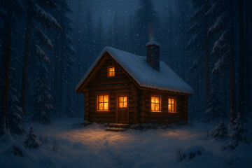 Snow-covered log cabin glowing warmly in forest at night with falling snow and chimney smoke
