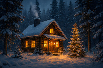 Cozy log cabin glowing in snowy forest at night with festive lights and chimney smoke