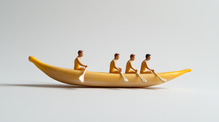 Four miniature figures row a yellow banana like a canoe, paddles in sync against a plain white backdrop. A whimsical take on teamwork and healthy living in a minimal setting.