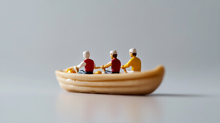 Miniature figurines rowing a boat on a serene water body, capturing teamwork. The scene highlights collaborative effort, with each figure synchronized in their action.