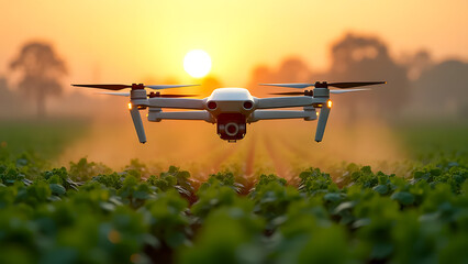 Drone flying over agricultural field at sunset for crop monitoring and precision farming