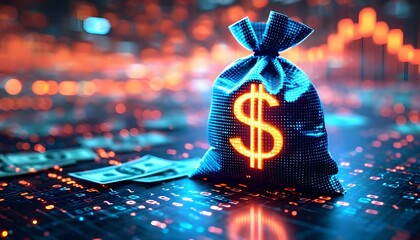 A glowing money bag with a dollar sign sits on a digital surface with blurred lights and banknotes in the background.