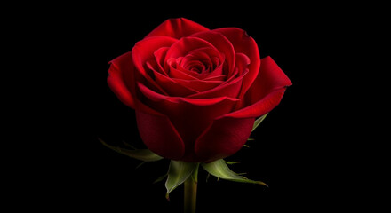 A single, deep red rose, captured in stunning detail against a stark black background, symbolizing love and passion