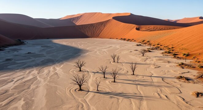 Iconic dead trees in Deadvlei clay pan at sunrise with red sand dunes, Namibia