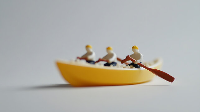 Miniature rowers in a yellow boat, isolated against a light background. Focus is on the lead rower, captured in a studio shot. Symbolizing teamwork and determination.