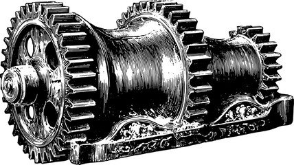 Vintage gear illustration. Hand-drawn outline in black depicting mechanical details in a retro style. This vector illustration shows industrial equipment.
