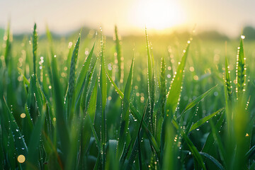 Close up of green grass blades with dew drops in morning sunlight water drops