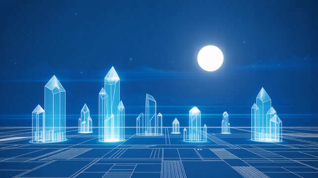 Futuristic city skyline with glowing crystal towers under a bright moon, perfect for tech startups or innovative business ventures, blue futuristic landscape
