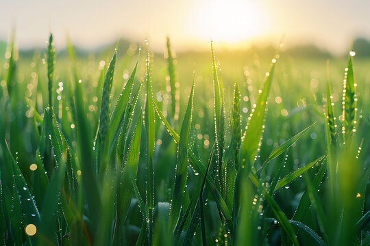Close up of green grass blades with dew drops in morning sunlight water drops