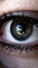 Naklejka premium Close-up of a person's eye, showing a reflection of a landscape in the iris
