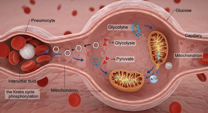 Detailed illustration of cellular respiration process within a blood vessel showing glucose, glycolysis, pyruvate, mitochondria, and ATP production