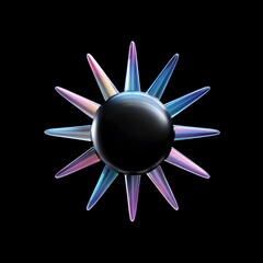 Celestial Bloom: An ethereal artwork of a dark orb surrounded by radiant, colorful spikes, emanating an aura of cosmic beauty against a deep black backdrop.