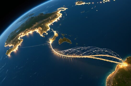 Communications and technology, glowing data connections and undersea cables visualized on Earth