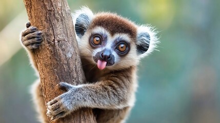 Obraz premium Cute Brown Lemur Sticking Out Tongue While Climbing Tree Branch.