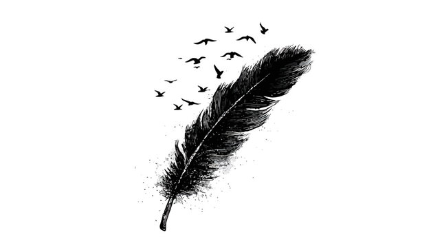 Black feather with birds flying away, freedom and lightness concept. Elegant grunge illustration on white.