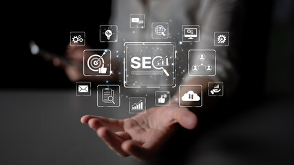SEO concept for improving SEO visibility, with SEO related digital tools and SEO performance icons shown in an focused layout for strategic marketing. Spline