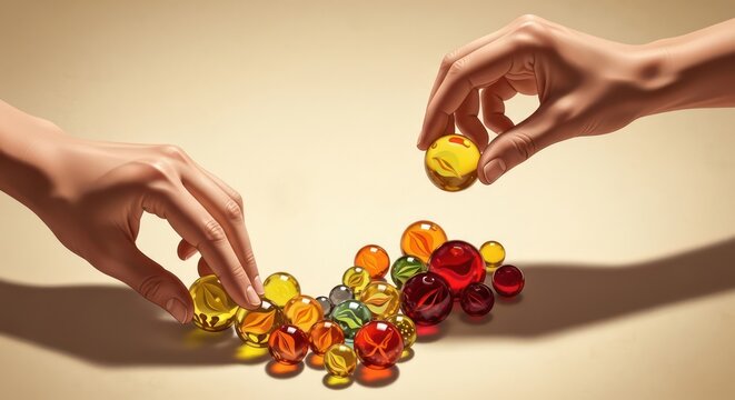 Two hands reaching for colorful poker chips on a beige surface with shadows, conveying a sense of gambling and finance.