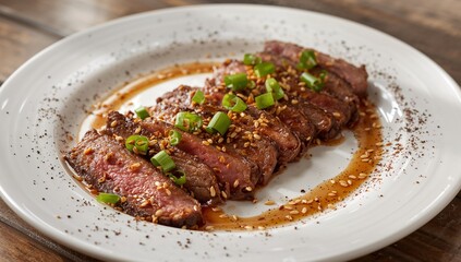 Sliced Meat Creation on White Plate, Culinary Arrangement with Green and Beige Accents.