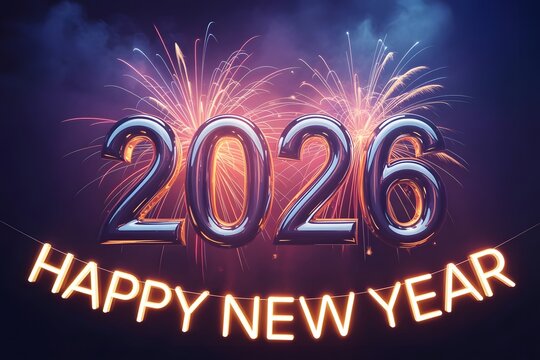 Celebrate 2026 with stunning fireworks and neon lights, embracing the promise of a happy new year and a vibrant future filled with joy and excitement - Powered by Adobe