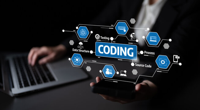 A focused business professional using a laptop and smartphone to illustrate coding concepts, highlighting technology, data structure, and programming processes in a modern setting. Tessel