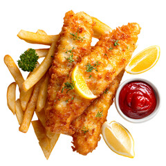 Fish and chips with tartar sauce isolated on transparent background