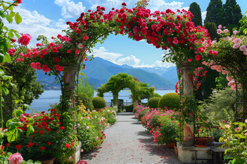 Lush rose garden archway overlooking a serene lake and distant mountains roses floral