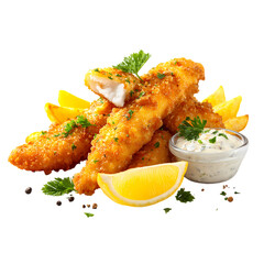 Fish and chips with tartar sauce isolated on transparent background