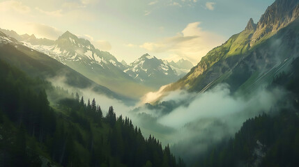 Misty mountain valley with snow capped peaks and evergreen trees at sunrise clouds