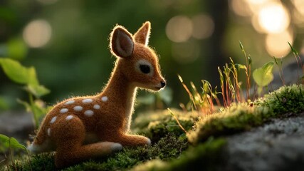 Adorable fawn resting peacefully in sunlit forest glade, a moment of serenity and natural beauty perfect for children's content