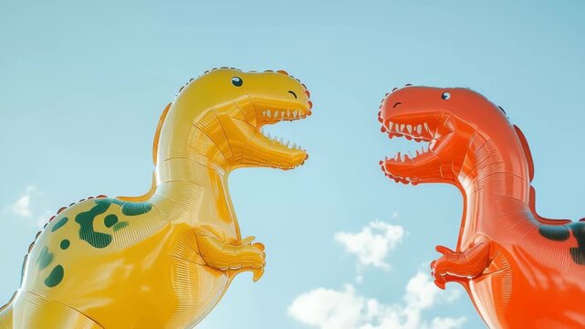 Two playful dinosaur-shaped balloons in yellow and red hover in a clear blue sky. Fluffy white clouds complement the festive atmosphere, perfect for a children's party.