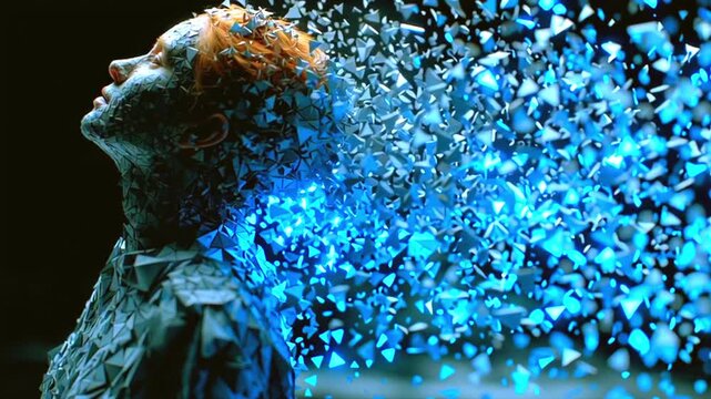 Female silhouette dissolving, glowing blue particles spreading dynamically across shadowy backdrop, symbolizing digital metamorphosis and technological deconstruction