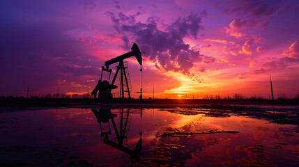 Oil pumpjack silhouette at sunset with vibrant purple and orange sky reflection in water sunrise twilight
