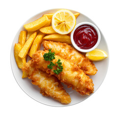 Fish and chips with tartar sauce isolated on transparent background