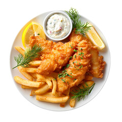 Fish and chips with tartar sauce isolated on transparent background