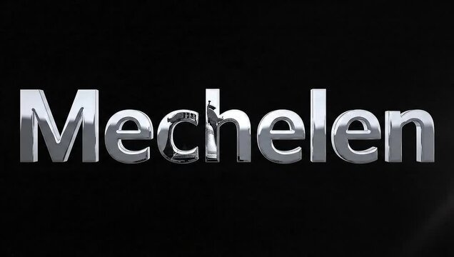 Elegant 3D metallic chrome text effect with reflective silver lettering on a solid black background, creating a bold and modern typographic design