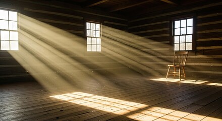 Sunlight streams through the windows of an old log cabin, illuminating the wooden floor and a solitary chair, creating a peaceful and nostalgic atmosphere