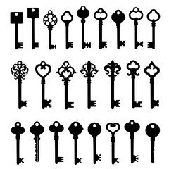 Vector art of collection of key silhouettes, featuring various vintage and modern designs for security and access illustrations