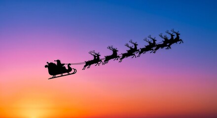 Santa Claus flying in sleigh pulled by reindeer against sunset sky  