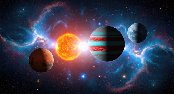 A vibrant cosmic ballet unfolds as a sun and four planets align amidst a breathtaking nebula, showcasing the beauty and wonder of the universes celestial dance