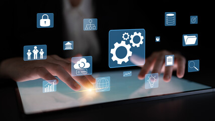 A concept of business operations and enterprise system integration. The components of a company including security, data, and cloud infrastructure. Motif